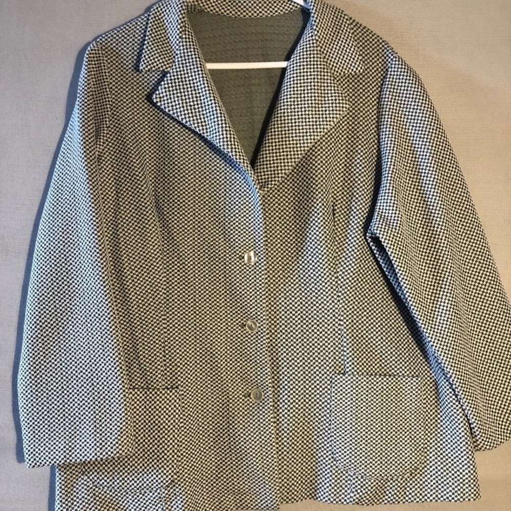 Handmade 2X Green White Checked Houndstooth Blazer Pockets Stretch Lightweight
